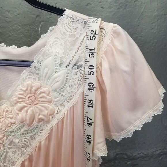 Vintage Shadowline Night Gown Sz S Maxi Peach Pink Nylon Puffy Flower USA NEW - Picture 15 of 16
